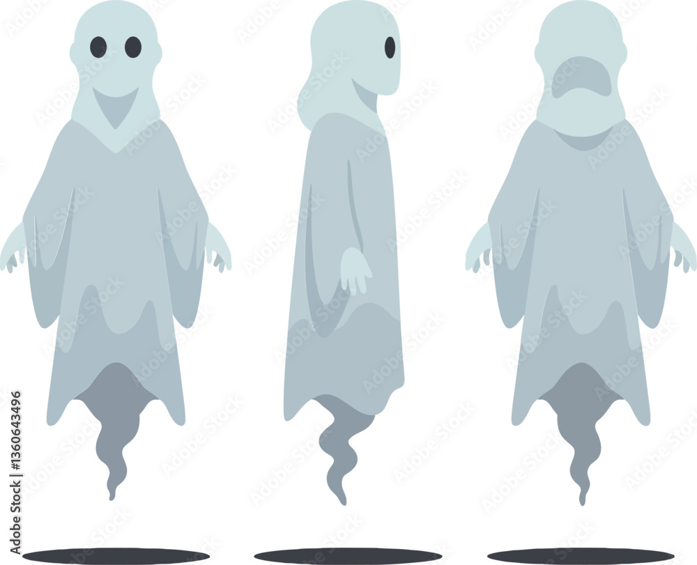 Aufkleber three whimsical ghost characters in a flat design style showcasing various expressions, perfect for 