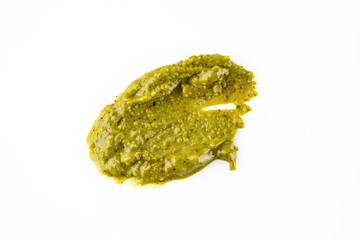 Delicious pistachio butter on white background