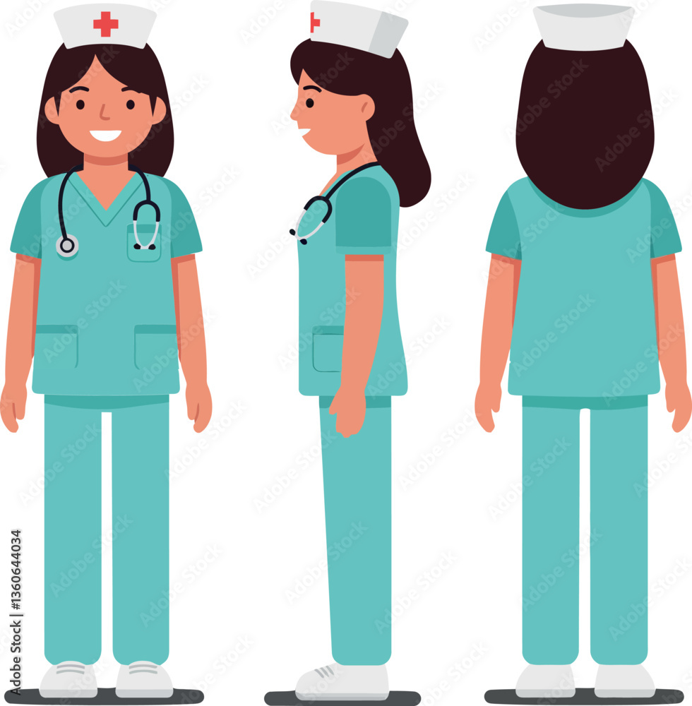 Poster friendly nurse character in scrubs with stethoscope, showcasing multiple angles in flat vector illus