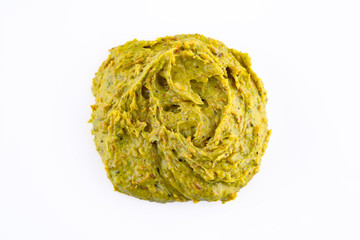 Delicious pistachio butter on white background