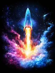 Fototapeta premium Retro Rocket Launches Through Cosmic Nebula
