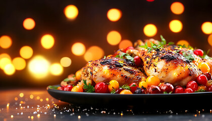Roasted chicken dinner, festive lights background