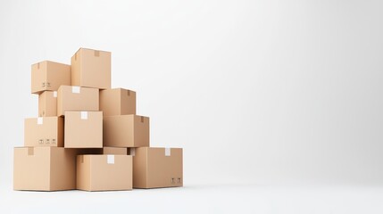 A stack of various sized cardboard boxes sits neatly arranged on a clean white background perfect for shipping packaging and delivery concepts.