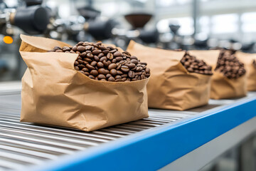 Roasted Coffee Beans Bagging on Conveyor Belt in Factory