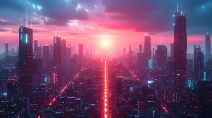 Fototapeta premium Cityscape at Sunset with Glowing Lights and High Rise Buildings