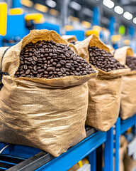 Roasted coffee beans in burlap sacks on conveyor belt in warehouse