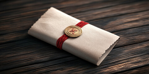 Naklejka premium Vintage sealed letter with red wax seal on wooden table 