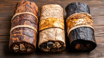 Rolled bark bundles on wooden surface