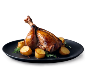 Exquisite French Confit de Canard, Slow-Cooked Duck Leg Served with Golden Potatoes and Aromatic Rosemary on a Sleek Plate, Perfect for Culinary Delights and Gourmet Presentations