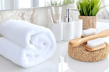 Rolled towels and bath essentials on countertop