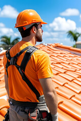 Roofer inspecting tile roof on sunny day