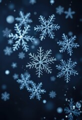Intricate swirling snowflakes in icy blues and silvers on a dark background, abstract, season, backdrop