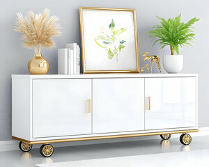 Room interior White cabinet with decor in front of light gray wall background