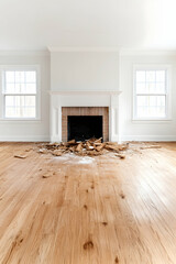 Room renovation hardwood floor installation, fireplace