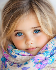Portrait of a girl with blue eyes, wrapped in a scarf