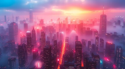 Fototapeta premium Cityscape Aerial View at Sunset with Fog and Vibrant Neon Lights