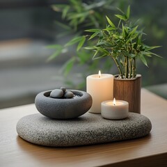 Zen garden stones candles bamboo indoor tranquility