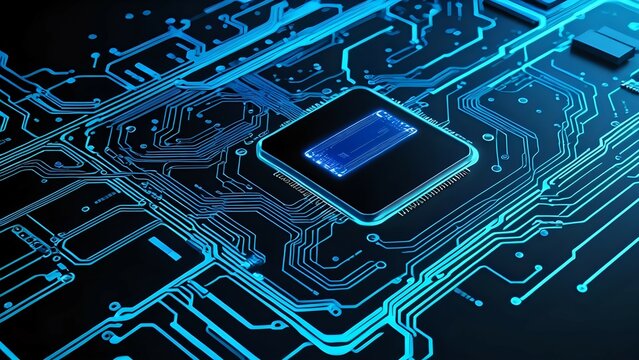 Circuit Board Technology Glowing Blue Microchip Integrated System