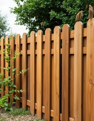 Rustic oak-stained wooden garden fence panels, stained wood, medium oak