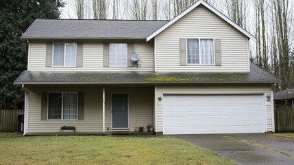 Naklejka premium Suburban house with garage surrounded by nature, suitable for real estate or family concept