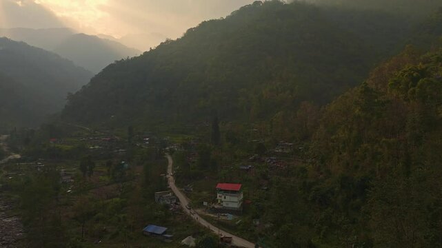Aerial, drone shot 4k. Aerial view of the clear day in Pelling, Sikkim. Northern India. Indian Mountain. D Log. Bird eye View. Travelling Northeast Video. Indian mountain village. IN front of Skywalk.