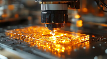 The machine is working on the flash drive with light and laser beams illuminating its internal components The camera captures closeup shots of individual parts being