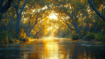 Tranquil river flowing through the bush with Aboriginal Australians fishing from the banks using traditional nets the scene framed by towering trees and rich wildlife captured with a prime lens