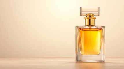 Elegant perfume bottle on a wooden surface against a soft background.