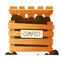 Vector illustration on the theme of organic compost, eco gardening, agriculture. Compost wooden box, container with fertile soil. Vegetable garden, garden, farming.