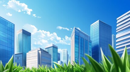 Fototapeta premium Vibrant city skyline with modern skyscrapers under a bright blue sky and lush green grass