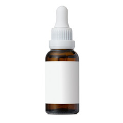Serum bottle with pipette isolated on white background, top view. Close-up frosted glass container...
