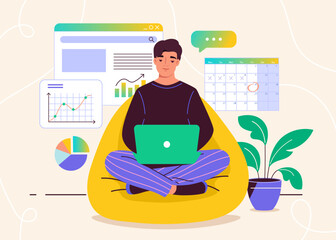 Freelancer working remotely. Vector illustration