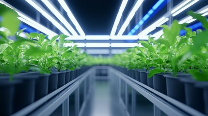 Lush green plants growing in a modern indoor farm with bright LED lighting illuminating rows