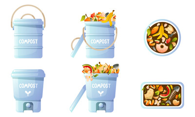Vector set on the theme of organic compost, eco gardening, composting, agriculture. Compost bin, food waste, container, bucket for composting in the apartment, front view, top view.