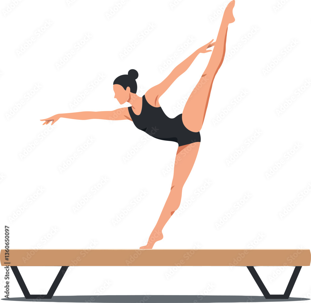 Poster a graceful gymnast performing an elegant pose on a balance beam in a minimal style vector illustrati