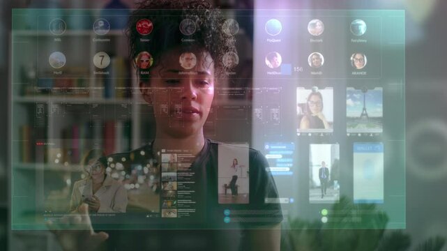 Young African American Woman Navigating Holographic Social Media Panels Using Advanced Augmented Reality Interface In A Smart Home Setting.