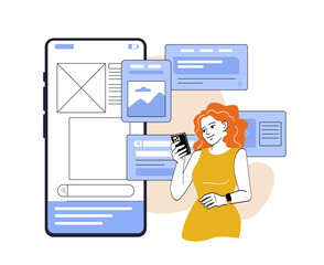 Woman using mobile app interface. Vector illustration