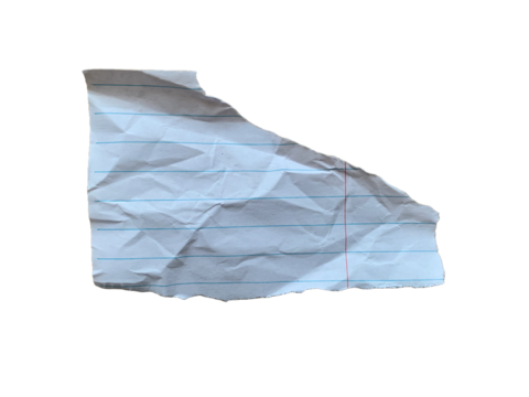 Crumpled lined notebook paper with diagonal torn edge and blue lines isolated on transparent background