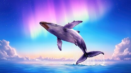 A majestic humpback whale breaches the ocean surface against a vibrant aurora borealis backdrop creating a surreal and breathtaking dreamscape scene.