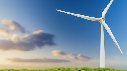 A single white wind turbine stands tall against a vibrant sunset sky with soft clouds and blurred green foreground indicating a sustainable energy source.
