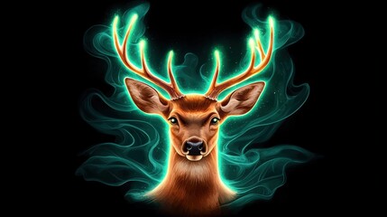 A majestic deer portrait glows with vibrant teal mystical energy swirling around its antlers against a black background creating an ethereal and captivating image.