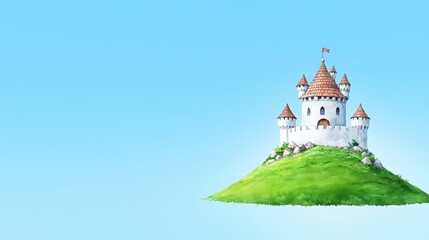A charming fairytale castle sits atop a lush green hill against a bright blue sky perfect for children's book illustrations and fantasy themed designs.