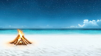 A mesmerizing bonfire burns brightly on a pristine white sand beach under a breathtaking night sky filled with countless sparkling stars and a tranquil ocean.
