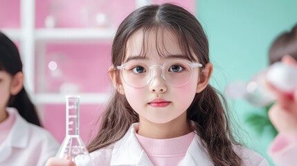 A young girl scientist wea glasses holds a beaker in a pink and mint green laboratory setting with other children in the background conducting experiments.