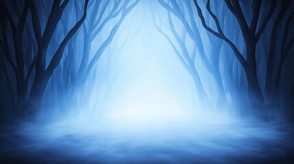 An eerie blue mist shrouds a mysterious path winding through a dark and dense forest of leafless trees under a dim light creating a spooky atmosphere.