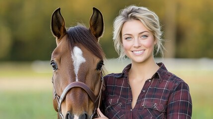 Fototapeta premium A smiling woman poses with a horse against a blurred green background.