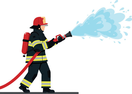 Firefighter in uniform actively spraying water from a hose in a dynamic flat vector illustration showcasing bravery and action during a firefighting scene
