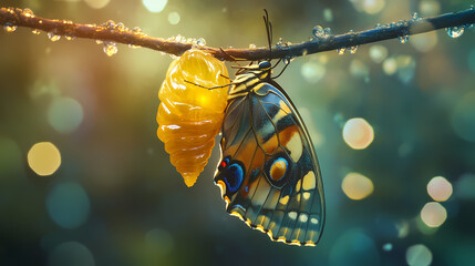 Chrysalis metamorphosis butterfly emergence stunning ai art. Golden Chrysalis. Illustration