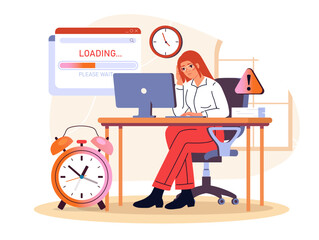 Woman frustrated with slow computer. Vector illustration