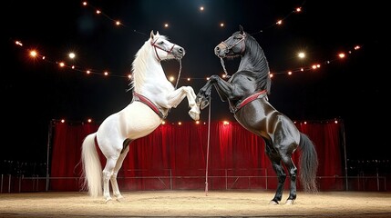 Two majestic horses perform in a circus, showcasing strength and elegance under bright lights.